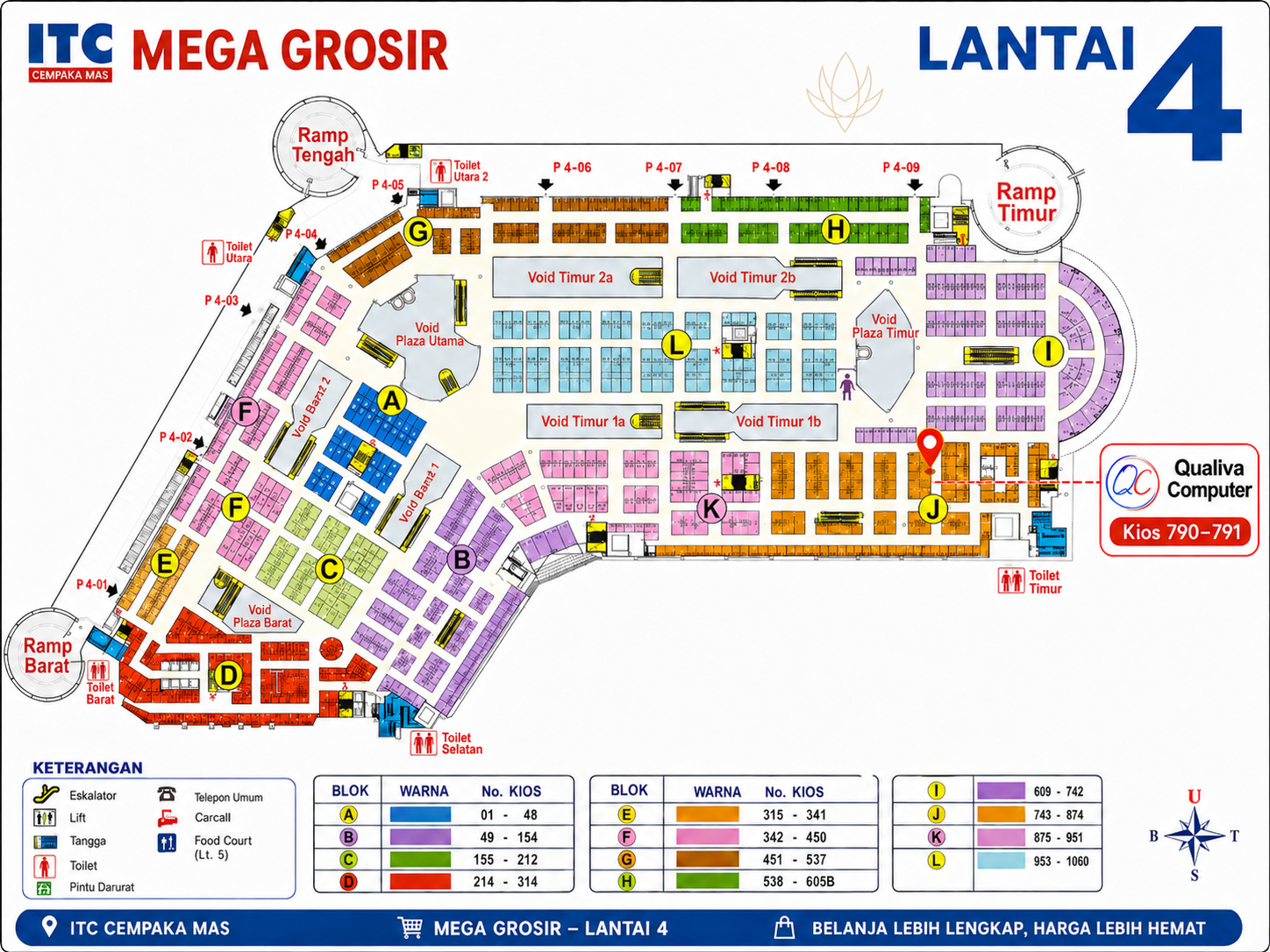 Denah lengkap Lantai 4 ITC Cempaka Mas menuju Qualiva Computer di Blok J, kios 790–791, dekat Void Plaza Timur dan Toilet Timur